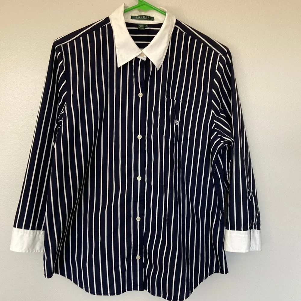 Ralph Lauren VTG Cuff & Collar Button-Up 3/4 Sleeve Shirt Navy/White Stripe SZ L - Picture 3 of 11